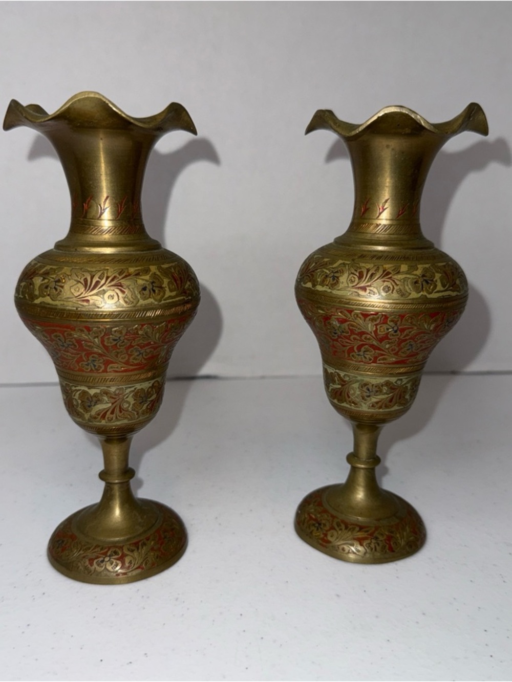 Brass Decorative Vases Pair with carved Red-Gold Inlay